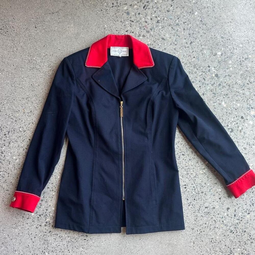 Vintage St. John Sport Navy Zip Jacket Red Contrast Collar Equestrian